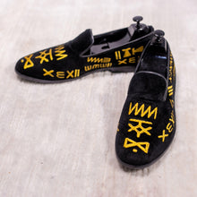 Load image into Gallery viewer, Sarki Handmade Embroidered Loafers in BLACK x Gold - May Anthony
