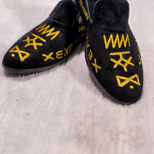 Load image into Gallery viewer, Sarki Handmade Embroidered Loafers in BLACK x Gold - May Anthony
