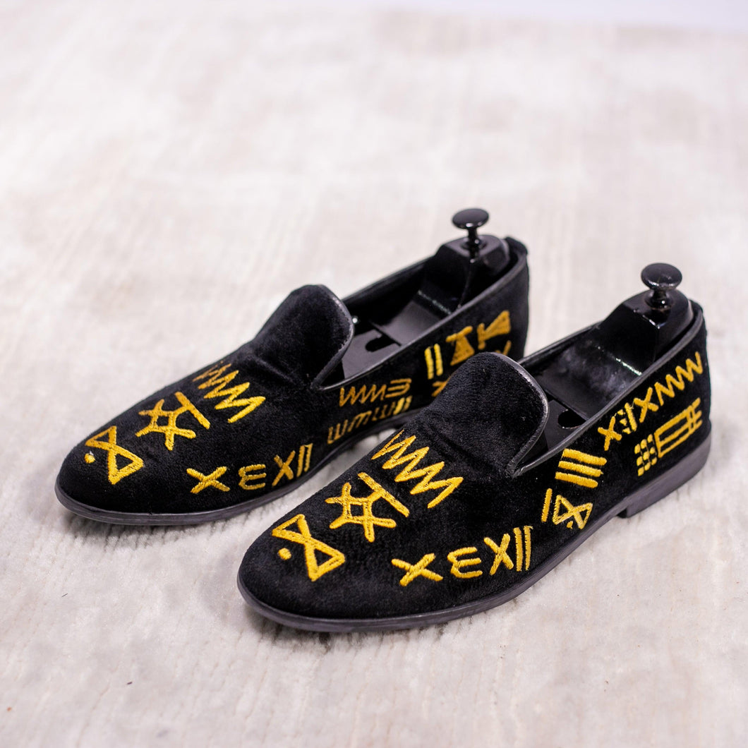 Sarki Handmade Embroidered Loafers in BLACK x Gold - May Anthony